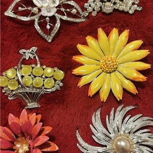 Vibrant Floral and Basket Brooch Collection